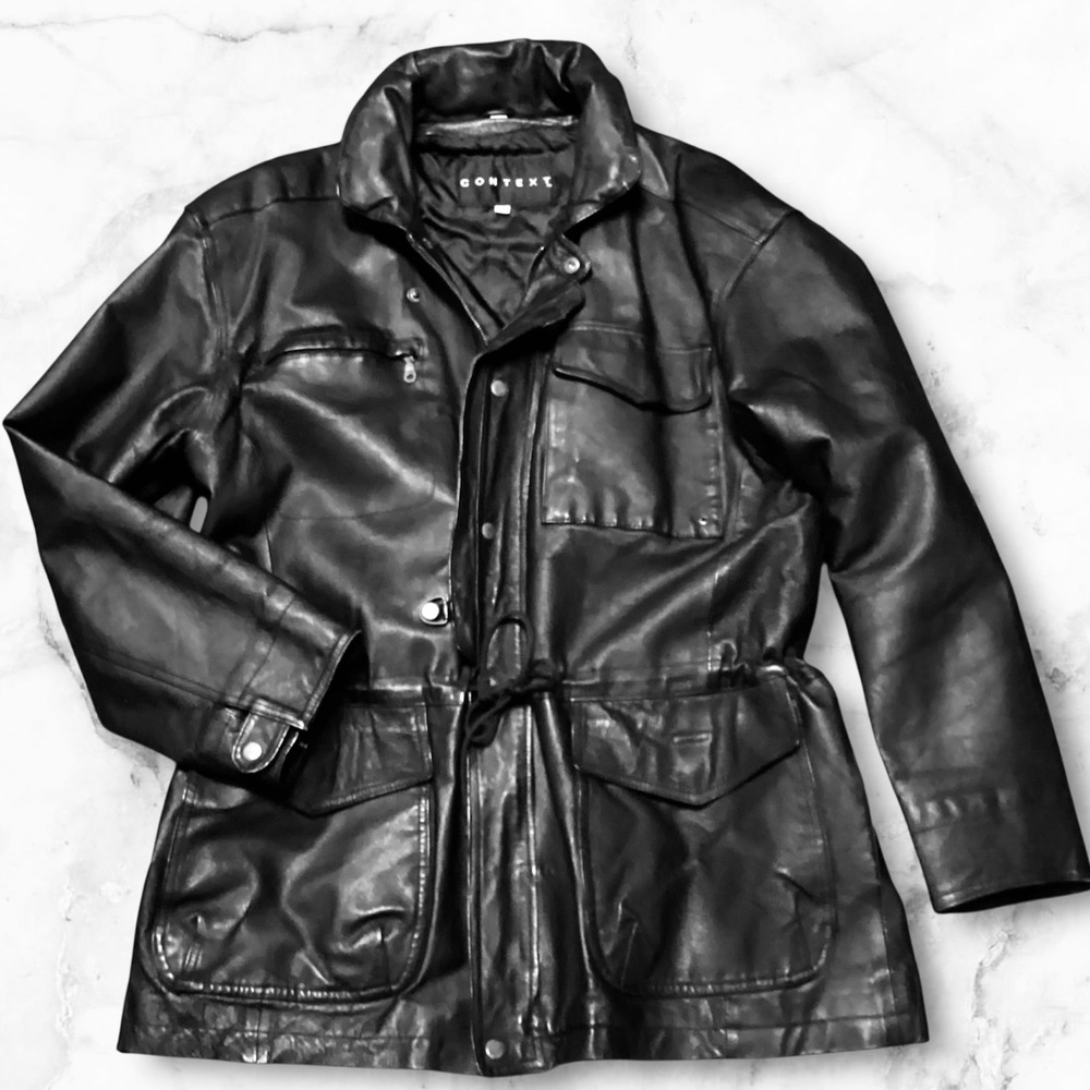 Vintage Context Black Hooded Bomber Men's Leather Coat  Car ClubJacket XL